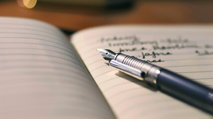 Close-up of a notebook with handwritten notes, a pen resting on the page, showcasing the process of writing and personal reflection