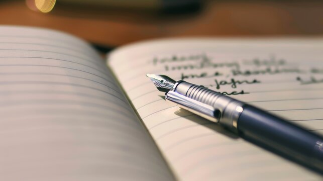 Close-up of a notebook with handwritten notes, a pen resting on the page, showcasing the process of writing and personal reflection