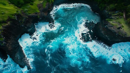 Turquoise Ocean Waves Crashing Against Volcanic Rocks and Lush Green Cliffs in Tropical Paradise