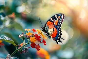 Colourful butterflies on flowers. AI generative.