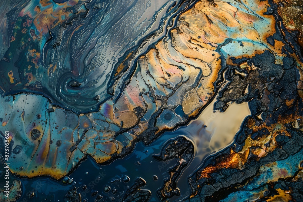 Poster macro shot capturing the iridescent sheen of oil mixed with water, creating a vivid abstract pattern