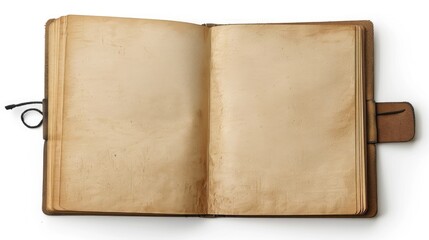 Notebook opened on white background with top view and clipping path