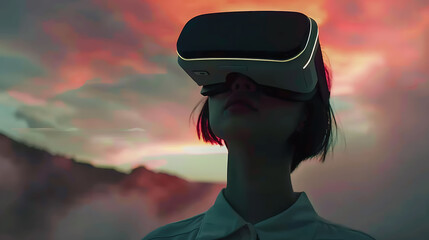  a woman wearing virtual reality goggles in front of a sunset sky.