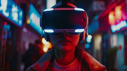 Young woman wearing virtual reality goggles in the city at night. Virtual reality concept.