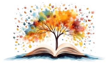 A watercolor painting portrays colorful trees emerging from the pages of an open book, against a white background. The minimalistic design emphasizes the vibrant colors and imaginative concept.