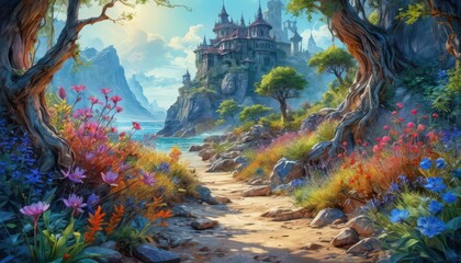 Naklejka premium Enchanting Path to a Magical Castle.