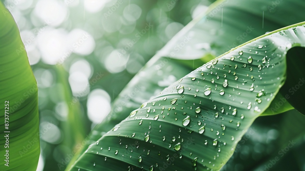 Wall mural extreme close-up of wet banana plant leaves, soft white blurry background, rain drops, tropical and 