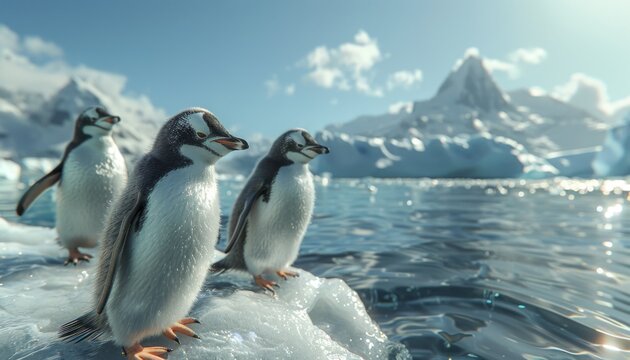 Group of penguins on icy shore, pristine ocean backdrop, unique summer travel, sea wildlife