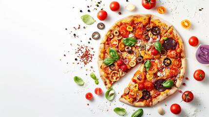 Vegan Pizza deconstructed | A pizza topped with tomato sauce, vegan cheese, mushrooms, bell peppers, and olives 01.jpg
