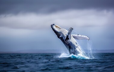 Fototapeta premium A humpback whale breaches the surface of the ocean, with its tail fin raised high in the air.