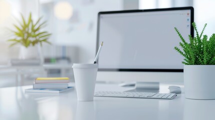 Dynamic office environment with a desk full of neatly arranged work supplies, equipment, and organizational tools, highlighting productivity