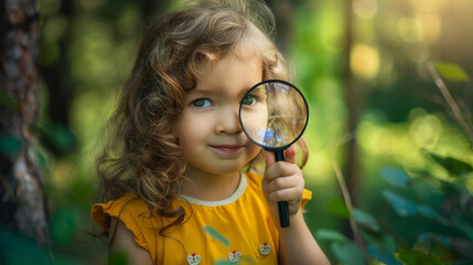 Curious happy girl kid discovering outdoor green nature with a magnifying glass