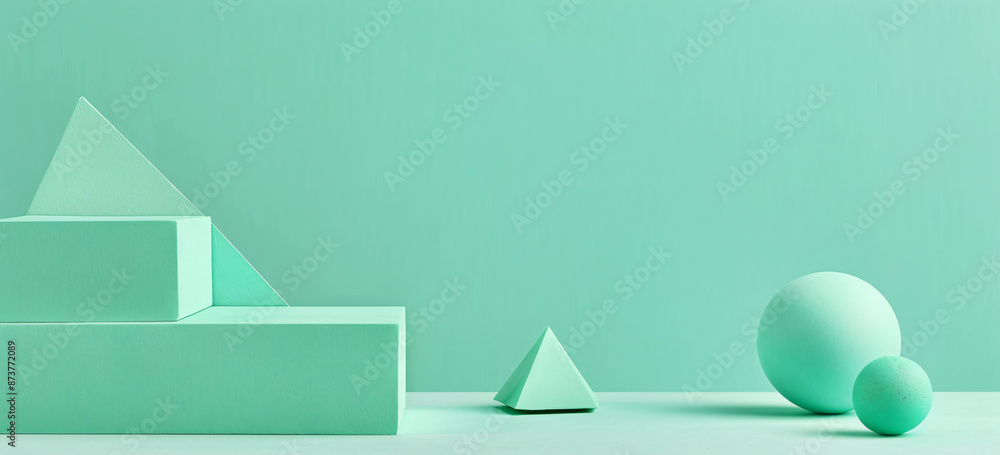 Poster photo of a minimalist mint green background with geometric shapes for design or text space. web bann