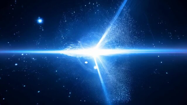 Radiant blue light beams accelerate through dark space. Glowing particles enhance the dynamic, futuristic atmosphere. High-speed movement and technological advancement visualized.	