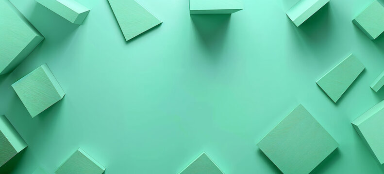Photo of a minimalist mint green background with geometric shapes for design or text space. Web banner with copy space on the right in the style of minimalism.


