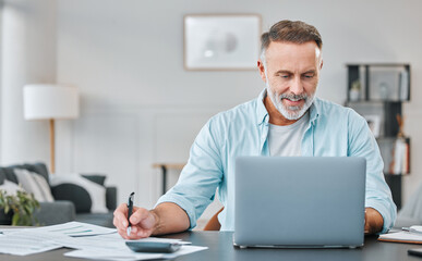 Senior man, laptop and paperwork for finance in home office, research and accountant for planning....