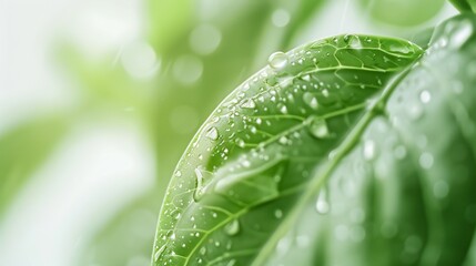 Fototapeta premium Extreme close-up of wet kiwi plant leaves, soft white blurry background, rain drops, vibrant and exotic composition.