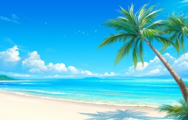 Fototapeta premium Serene Beach Vector Illustration with Palm Trees and White Sand