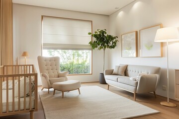 Cozy Modern Nursery: Neutral Tones, Sleek Decor, Digital Painting Vibes