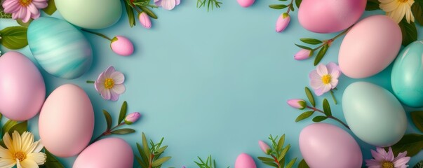 A colorful arrangement of decorated Easter eggs and spring flowers on a light blue background, perfect for festive and springtime themes.
