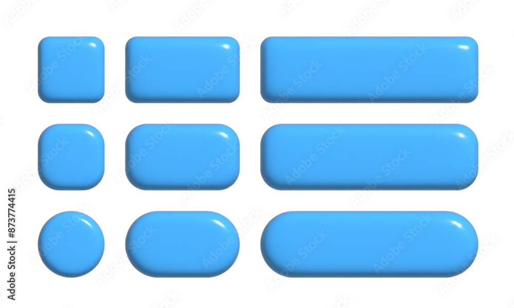 Poster 3d buttons collection for ui and ux design template. blue realistic glossy squared and rounded badge