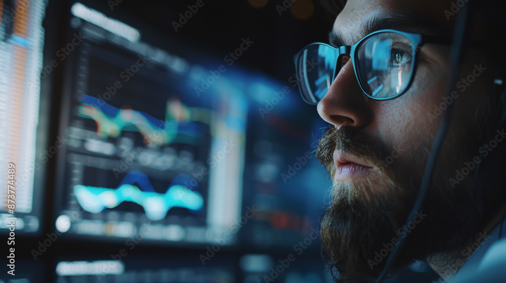 Poster trader analyzing data on a virtual screen, focusing on price graphs, indicators, and strategies rela