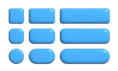 3d buttons collection for UI and UX design template. Blue realistic glossy squared and rounded badges.