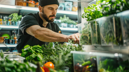 A chef reaching into a refrigerator, retrieving fresh ingredients, with herbs and vegetables in clear containers