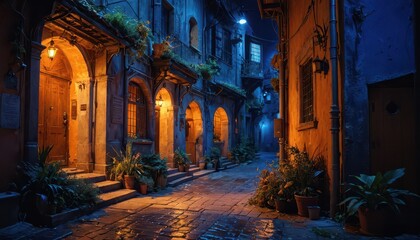 Fototapeta premium Old City Alleyway at Night.