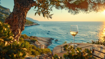 Obraz premium A serene scene with a glass of white wine on a table overlooking the Mediterranean Sea framed by an olive tree