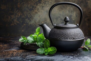 Stylish black teapot with fresh mint and blackberries on a dark rustic background.