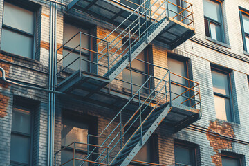 Fototapeta premium Fire escape stairs on an old brick building exterior