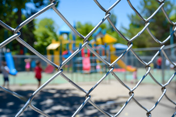 Vibrant playground seen through a chain-link fence