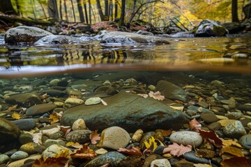 Slow-moving stream with rocks and fallen leaves underwater, Generative AI