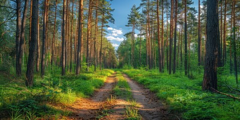 Fototapeta premium Sunlit pathway through a tranquil forest in springtime