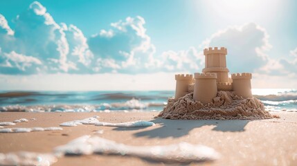 A sandcastle at the beach with ocean in background. Generative ai