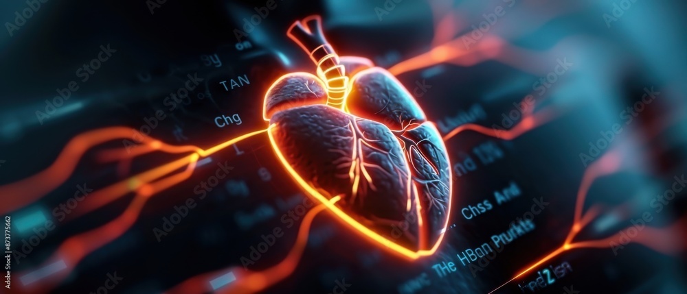 Poster digital rendering of a glowing heart overlaying a display with scientific data, symbolizing advanced
