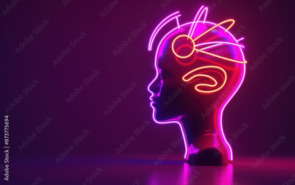 Poster futuristic neon ai brain display in profile view, glowing in vibrant colors against a dark backgroun