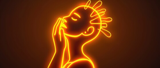 Neon outline of a person praying, glowing in vibrant orange on a dark background, symbolizing spirituality and hope.
