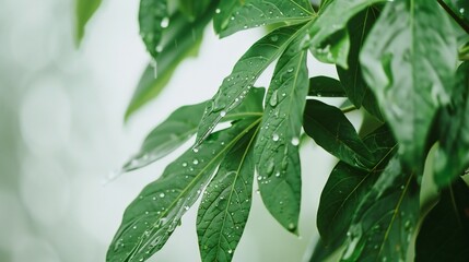 Extreme close-up of wet papaya plant leaves, soft white blurry background, rain drops, tropical and fresh composition.