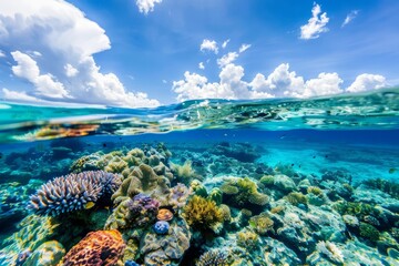 Vibrant coral and marine life seen through crystal clear ocean water, Generative AI