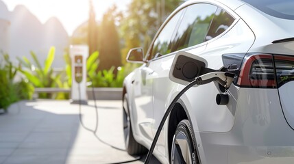 Modern electric car plugged into a solar-powered charger in a bright, open area, Automobile, EV, Renewable Mobility and Plug-in concept