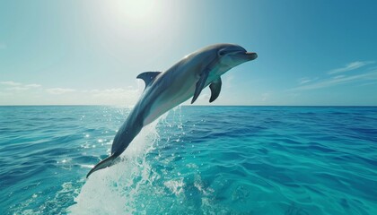 Fototapeta premium Dolphin leaping out of turquoise sea playful summer scene