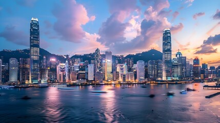 Obraz premium Bustling Financial District Skyline at Dusk with Reflecting Skyscrapers and Glimmering Lights