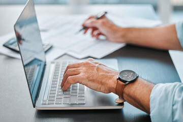 Desk, laptop and hands with paperwork in office for bookkeeping, payroll or monthly profit....
