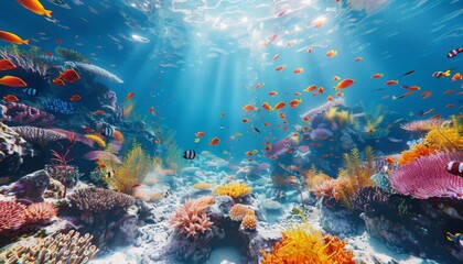 Colorful coral reef teeming with tropical fish clear sea water underwater travel summer