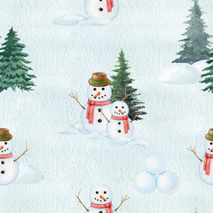 Winter time outdoors festive seamless pattern. Funny snowman on snowy ground, fir trees, snow, ice. Vintage style illustration. Winter season outdoors scene. Traditional winter season decor pattern