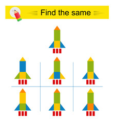 Puzzle game for kids. Task for development of attention and logic. Need to find same group of rocket ship.