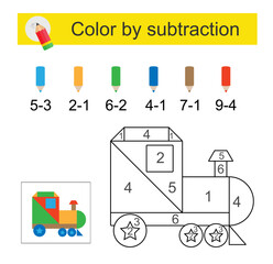 Coloring pages. Color by subtraction. Vector illustration for children education. Cartoon locomotive. © Faziljan