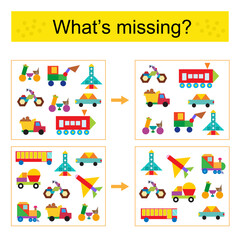 Puzzle game for kids. Task for the development of attention and logic. Find the missing transport. 